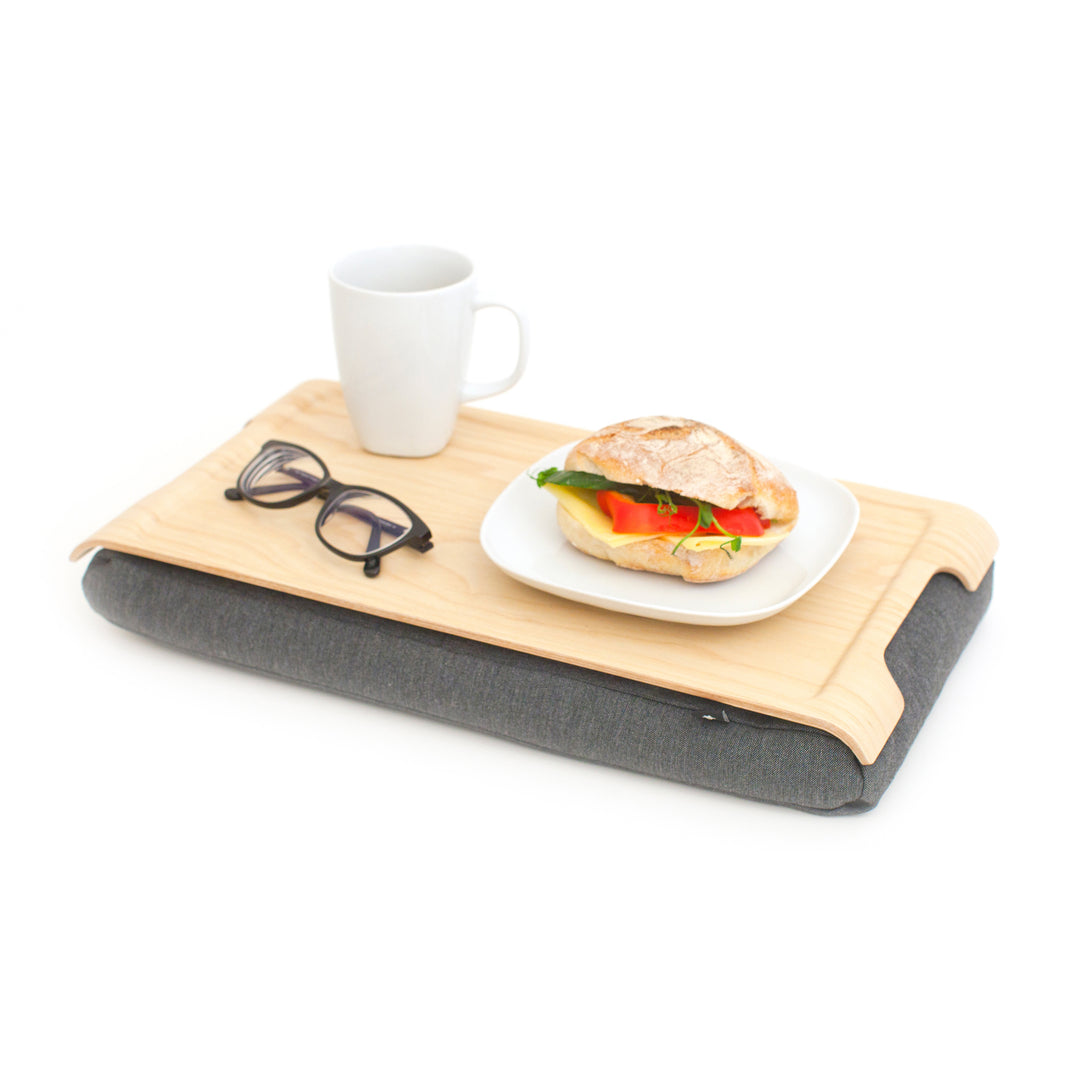 Mini Laptray Anti-Slip
Ash wood 
Salt & Pepper Gray cushion. Non-slip surface