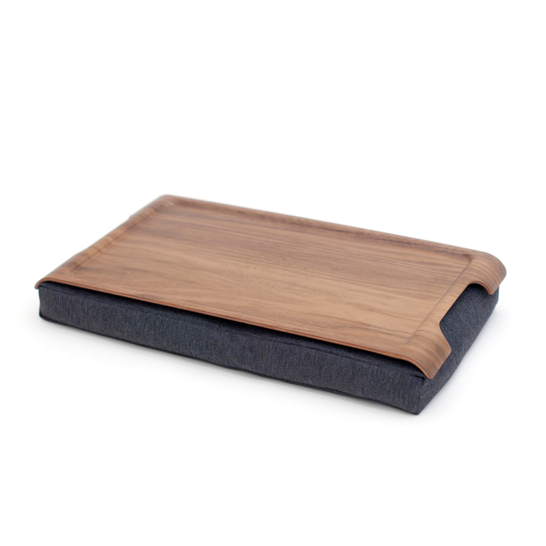 Mini Laptray Anti-Slip
Walnut wood 
Salt & Pepper Gray cushion. Non-slip surface