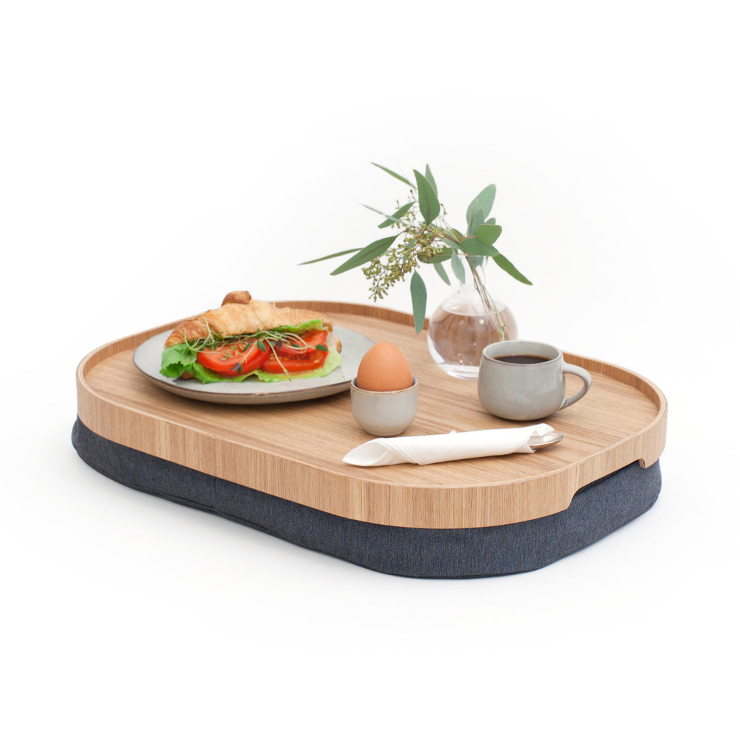 Laptray Anti-Slip CurveLine. Large  Willow Wood, Salt & Pepper Gray cushion. Non-Slip Surface