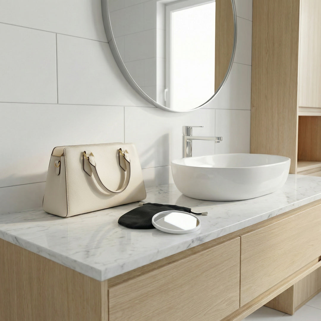 AirMirror™ Kompakter, abnehmbarer magnetischer Kosmetikspiegel 5x – Saugnapfbefestigung