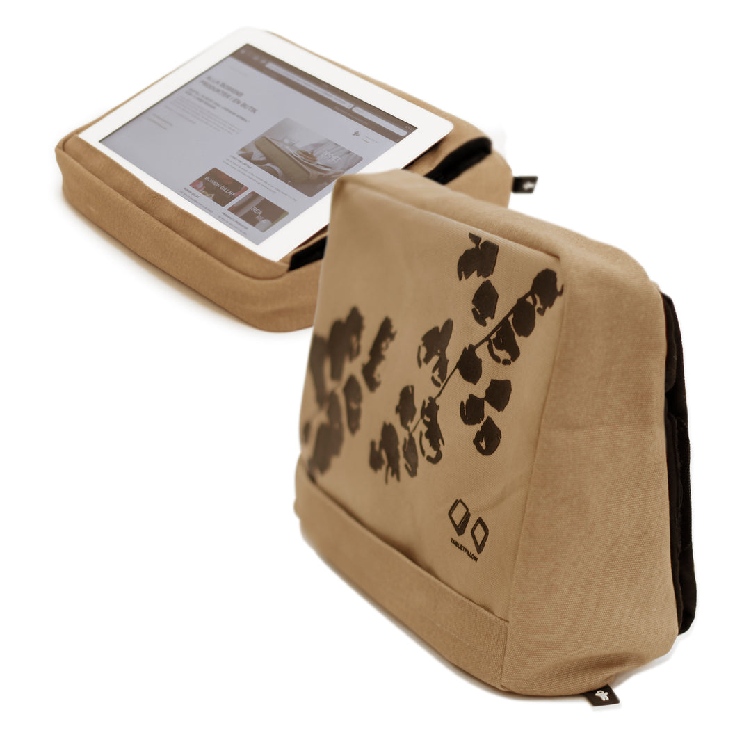 Tabletpillow Hitech with inner pockets for iPad / Tablet PC 
Khaki Brown/ Black. Cotton. Silicone