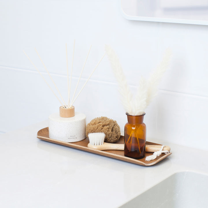 Water And Oil Resistant Wood Vanity Organiser for Bathroom. Walnut Wood Tray LEAF
Satin Matt Finish