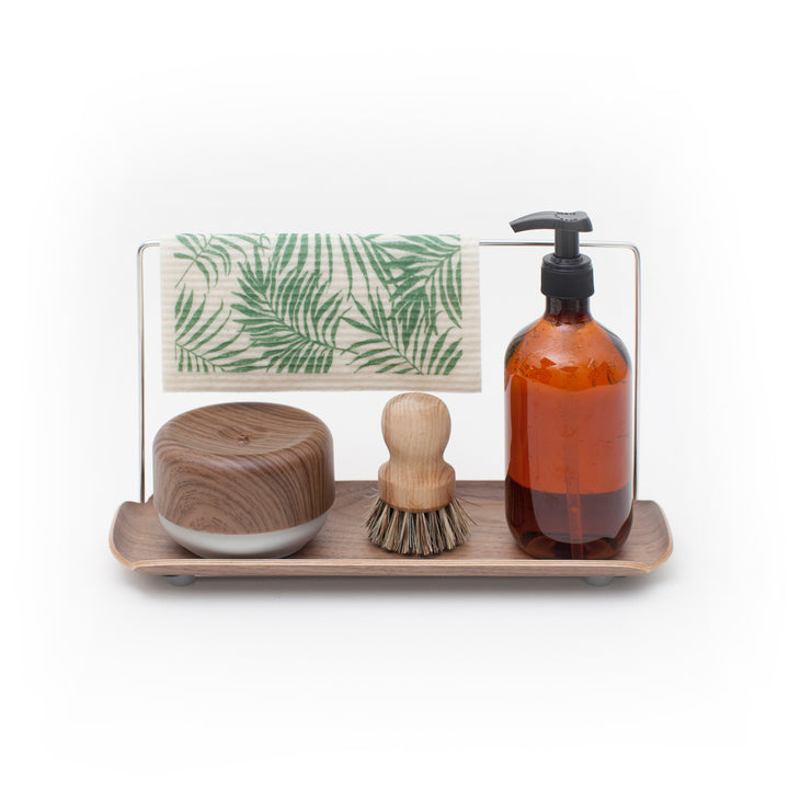 Wood Sink Organiser With Dishcloth Hanger
Water Resistant Tray
Walnut Wood. Stainless Steel