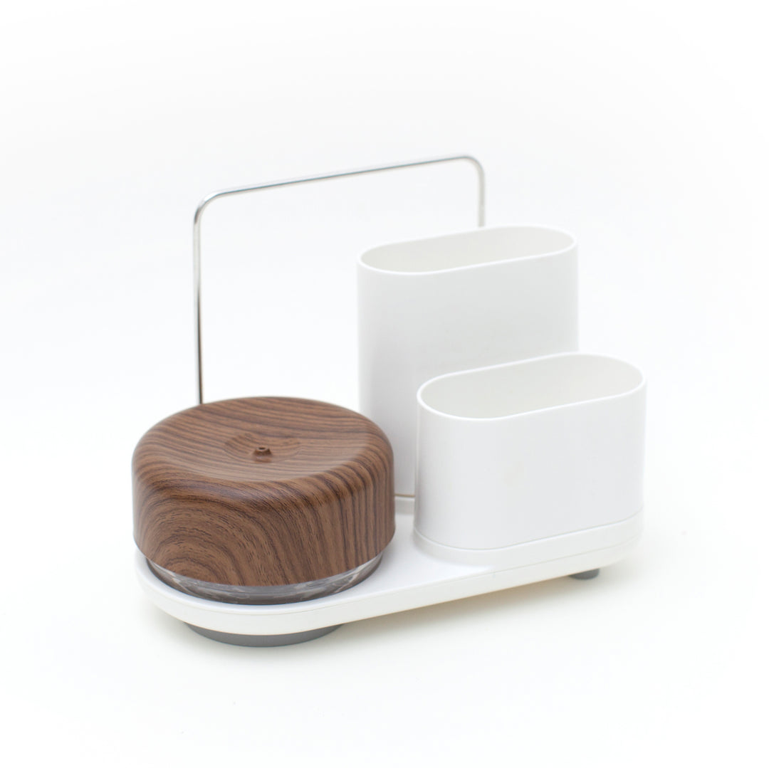 Dish Soap Pump & Sink Organiser Set
Do-Dish™ Caddy PLUS
White. Dark Wood Decor Plastic. Stainless Steel