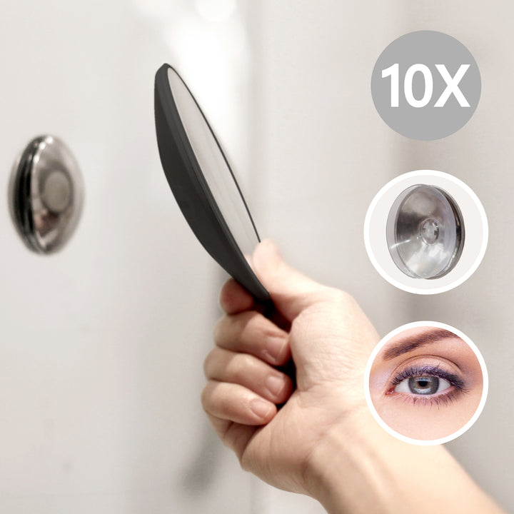 Detachable Make-up Mirror X10. AirMirror™
Black. Hidden suction cup fitting. Magnetic fastener (Ø 11,2 cm)