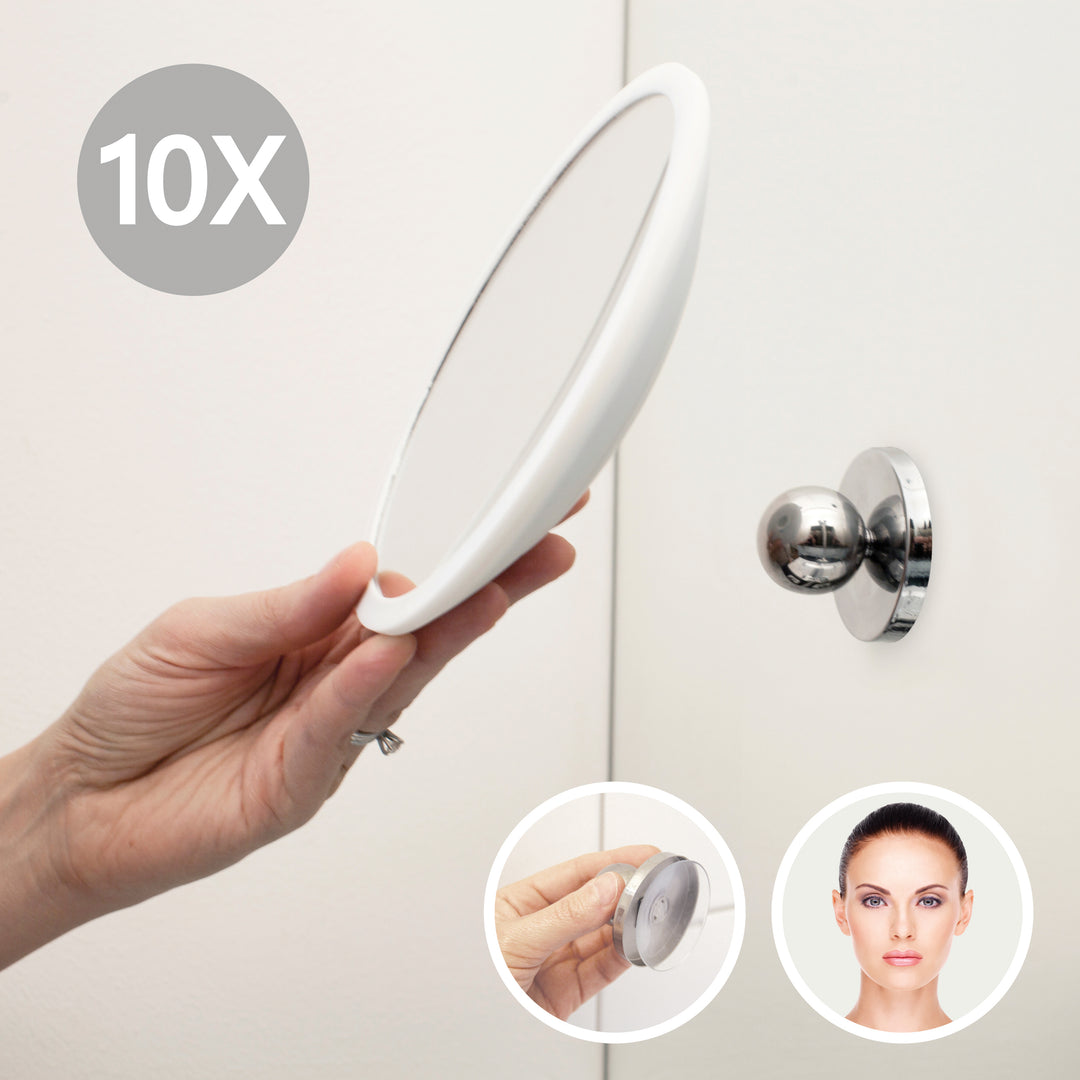 Detachable Make-up Mirror X10 AirMirror™PLUS 
White. Hidden suction cup fitting. Magnetic fastener (Ø 16.5 cm)