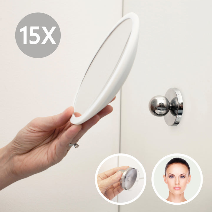 Detachable Make-up Mirror X15 AirMirror™ PLUS.
White. Hidden suction cup fitting. Magnetic fastener (Ø 16.5 cm)