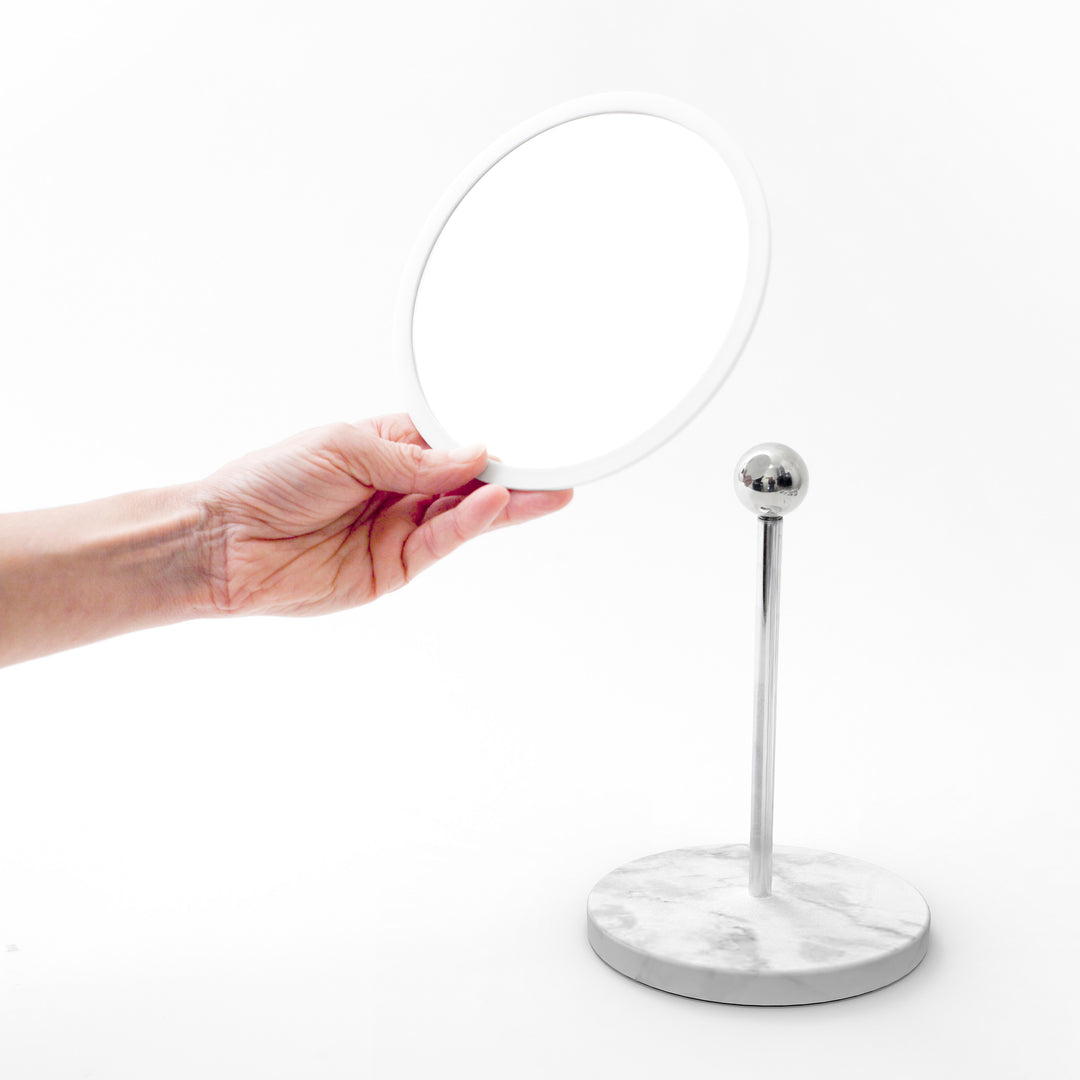 Detachable Make-up Mirror X5 AirMirror™ 
Table Stand. Marble stone base. White mirror
Magnetic fastener (Ø 16.5 cm)