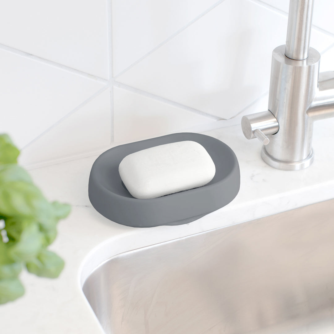 Silicone Soap Saver Dish. Oval Hidden Draining Spout Soap Saver Flow PLUS
Graphite Gray, Keeping Soap Bar Extra Dry