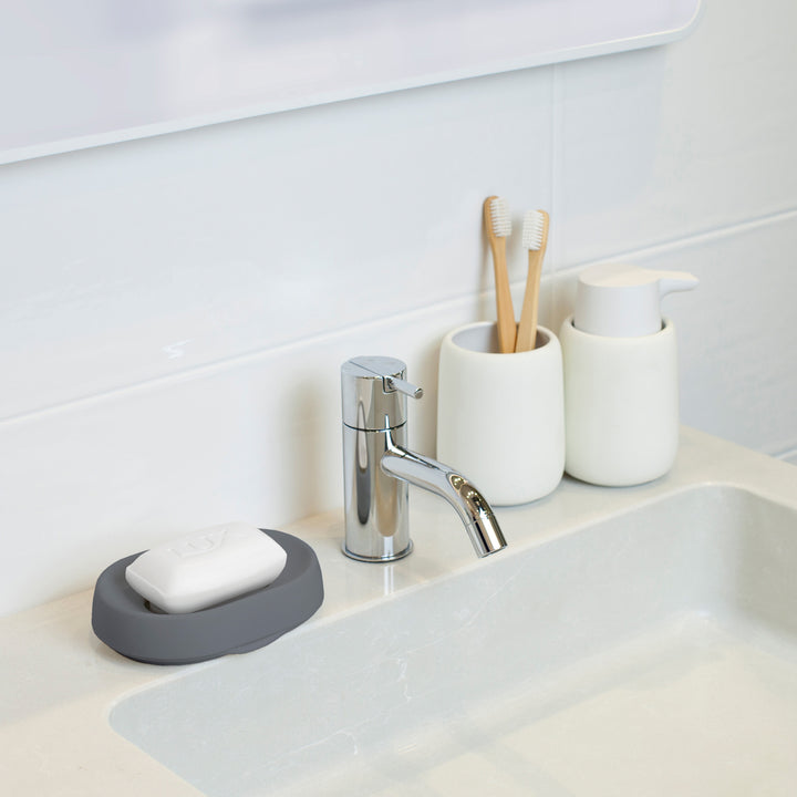 Silicone Soap Saver Dish. Oval Hidden Draining Spout Soap Saver Flow PLUS
Graphite Gray, Keeping Soap Bar Extra Dry