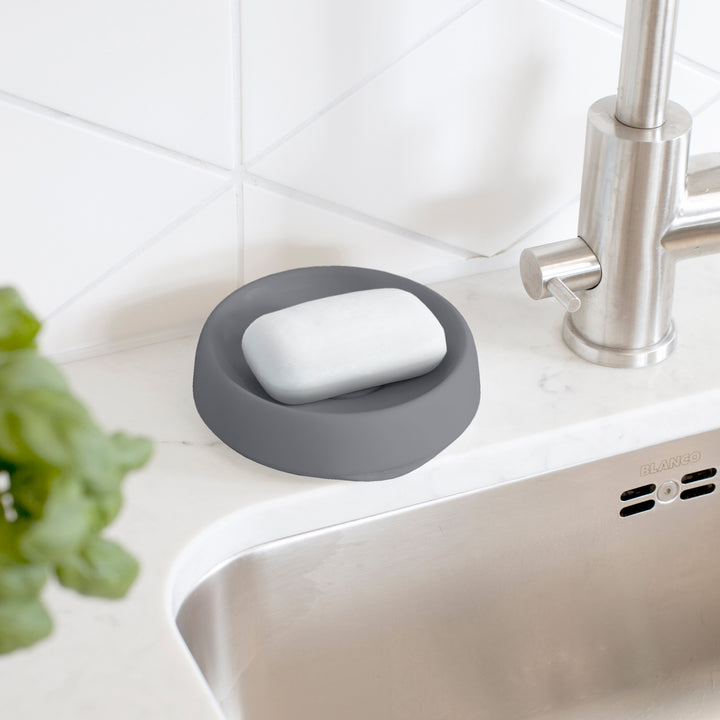 Silicone Soap Saver Dish. Round Hidden Draining Spout. Soap Saver Flow PLUS
Graphite Gray, Keeping Soap Bar Extra Dry