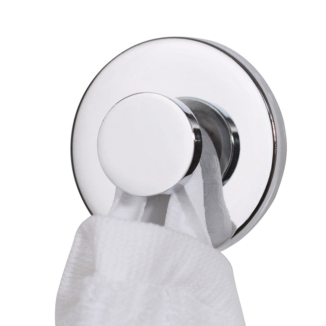 Bosign Invisible stainless steel suction cup towel hook with a polished chrome finish holding a white towel.