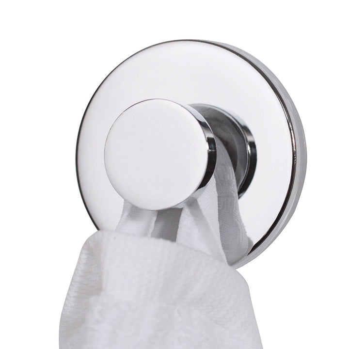 Bosign Invisible stainless steel suction cup towel hook with a polished chrome finish holding a white towel.
