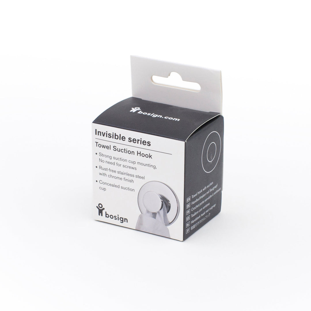 Bosign Invisible series stainless steel towel suction hook in retail packaging with chrome finish